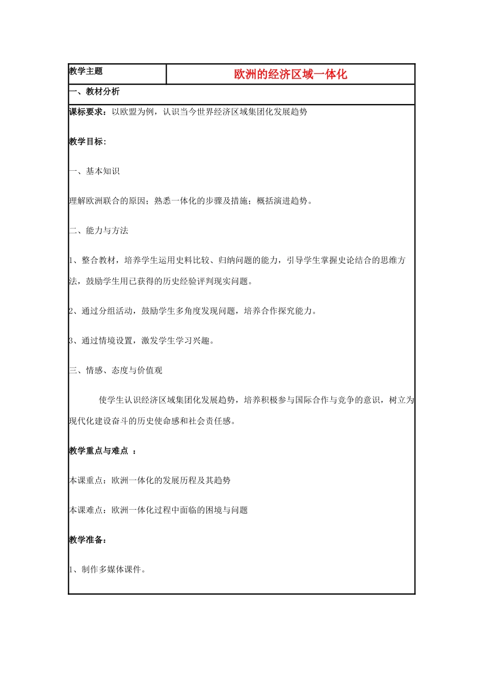 高中历史 第24课 欧洲的经济区域一体化教案1 岳麓版必修2-岳麓版高一必修2历史教案_第1页