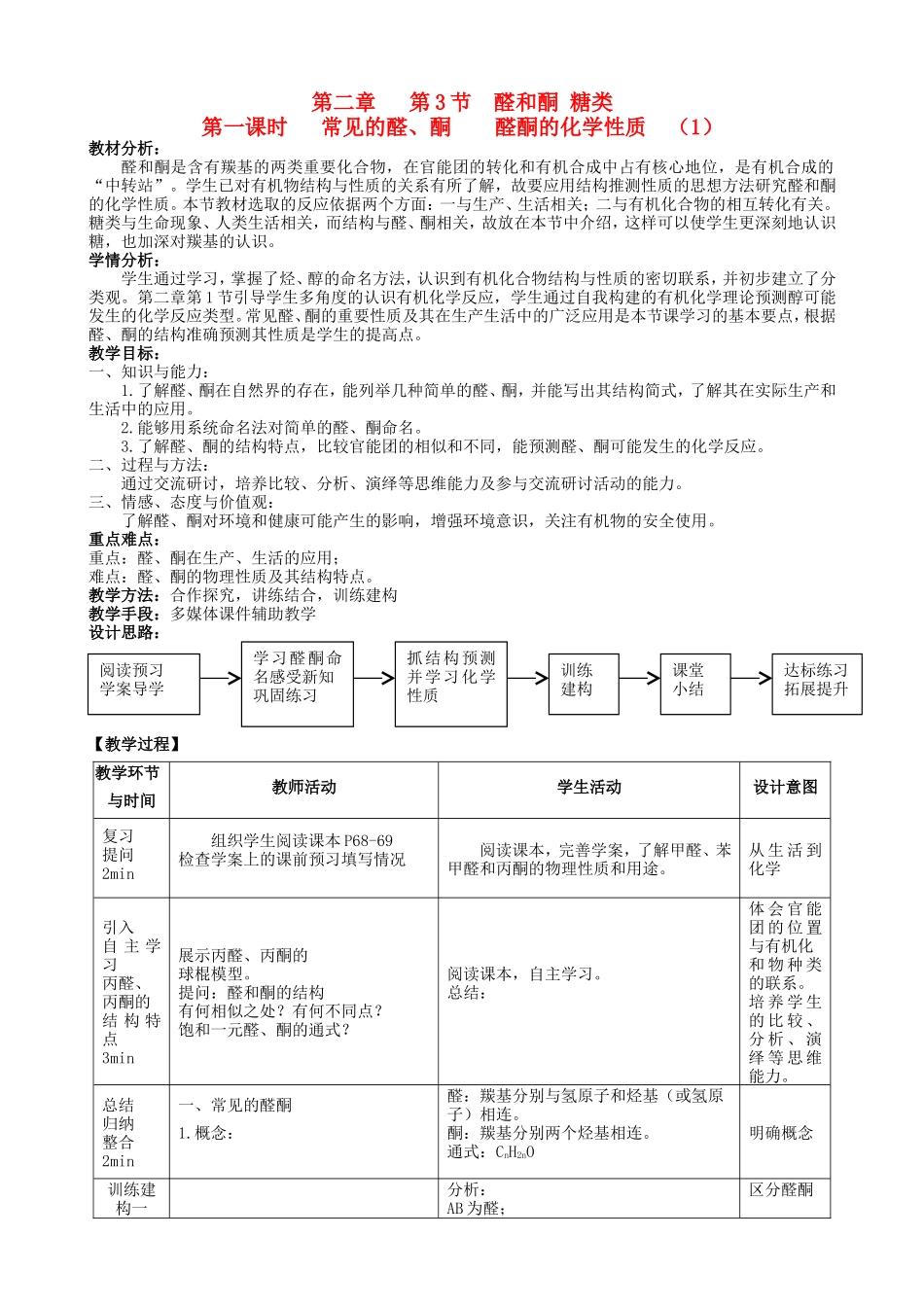 高中化学 第2章 第3节 醛和酮、糖类 第1课时 常见的醛酮 醛酮的化学性质教案 鲁科版选修5-鲁科版高二选修5化学教案_第1页