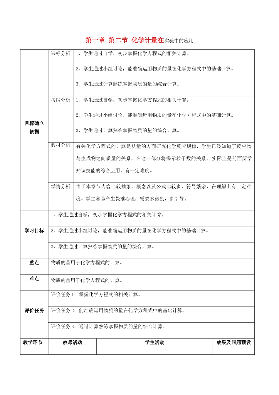 高中化学 第一章 从实验学化学 1.2.7 物质的量（七）物质的量用于化学方程式的计算教案 新人教版必修1-新人教版高一必修1化学教案_第1页