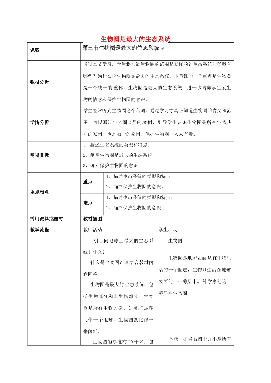 云南省师范大学五华区实验中学七年级生物上册 1.2.3 生物圈是最大的生态系统教学设计 （新版）新人教版_第1页