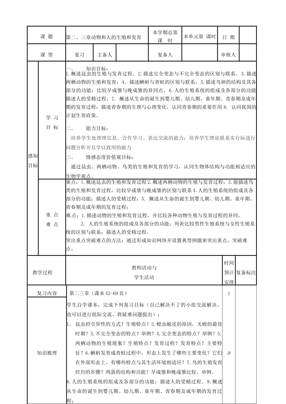 山东省邹平县实验中学八年级生物上册《第二、三章动物和人的生殖和发育》教案 济南版_第2页