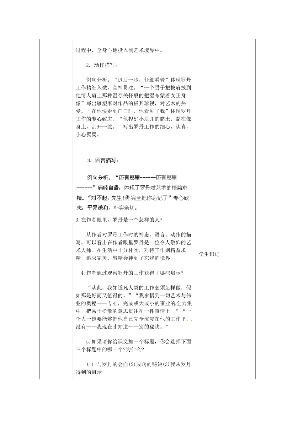 北京市大兴区魏善庄中学七年级语文上册 第四单元 第13课 我从罗丹得到的启示（第2课时）教案 北京课改版_第2页