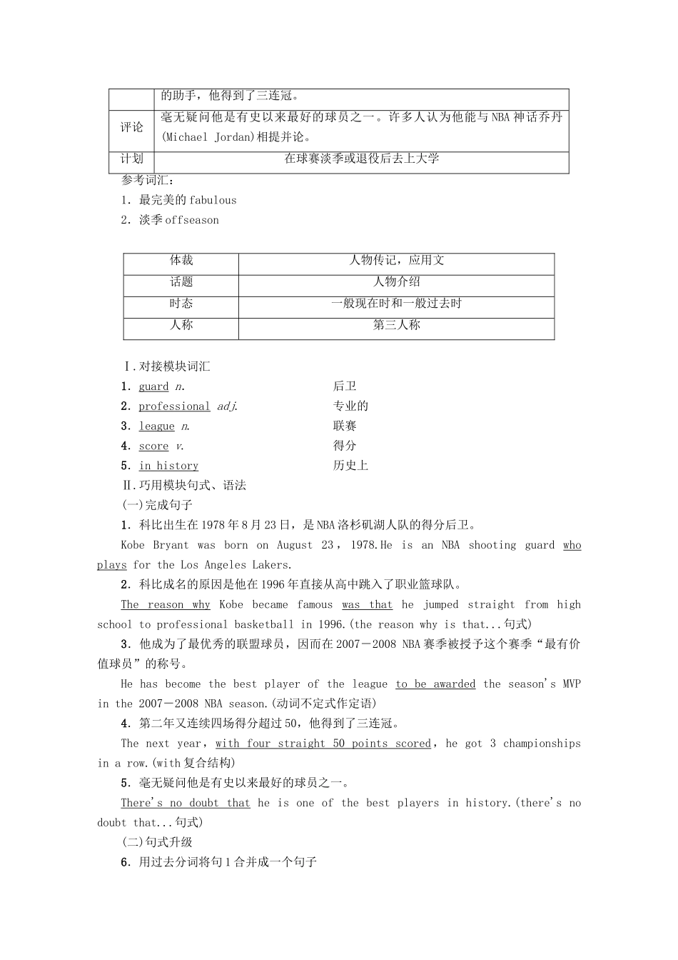 高中英语 Module 1 Basketball Section Ⅴ Writing——人物介绍教案（含解析）外研版选修7-外研版高二选修7英语教案_第2页