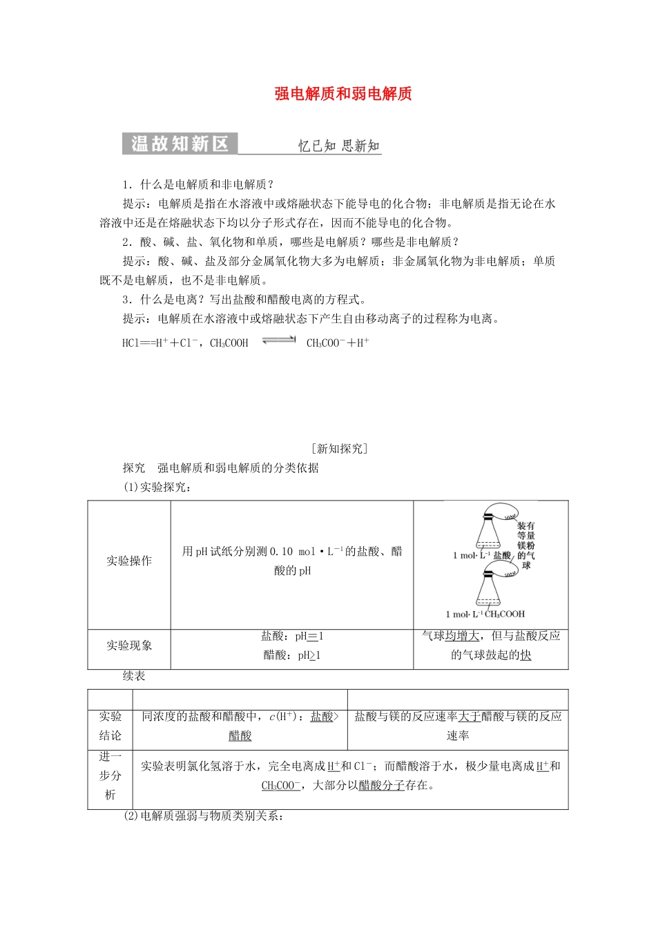 高中化学 第1部分 专题3 第一单元 第1课时 强电解质和弱电解质讲义（含解析）苏教版选修4-苏教版高二选修4化学教案_第1页