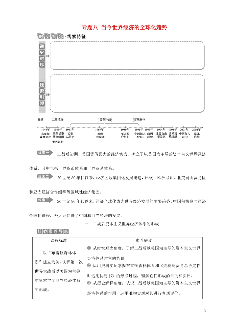 高中历史 专题八 当今世界经济的全球化趋势 一 二战后资本主义世界经济体系的形成教案 人民版必修2-人民版高一必修2历史教案_第1页