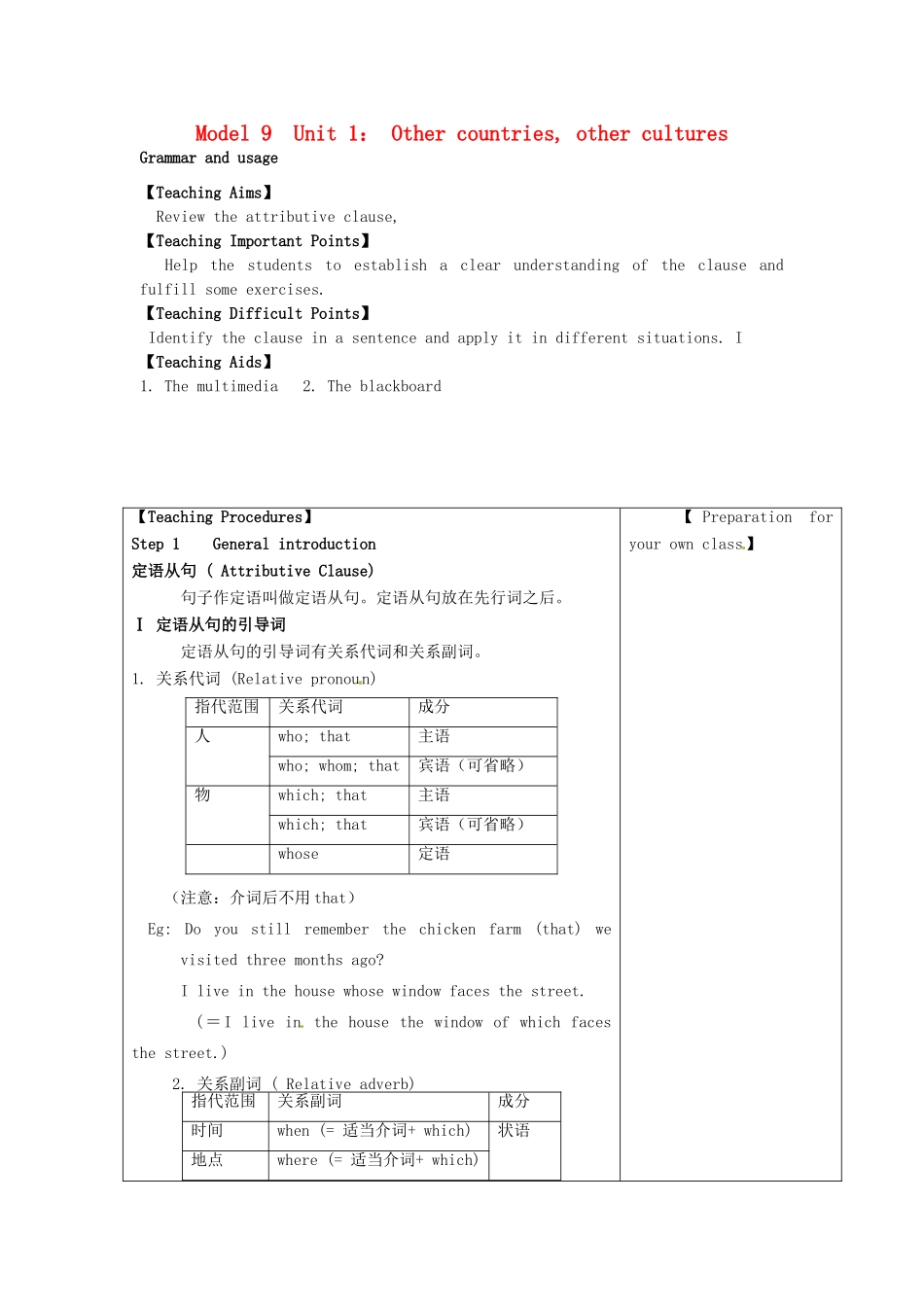 高中英语 Unit1 Other countries，other cultures Grammar and usage教案 牛津译林版选修9-牛津版高二选修9英语教案_第1页