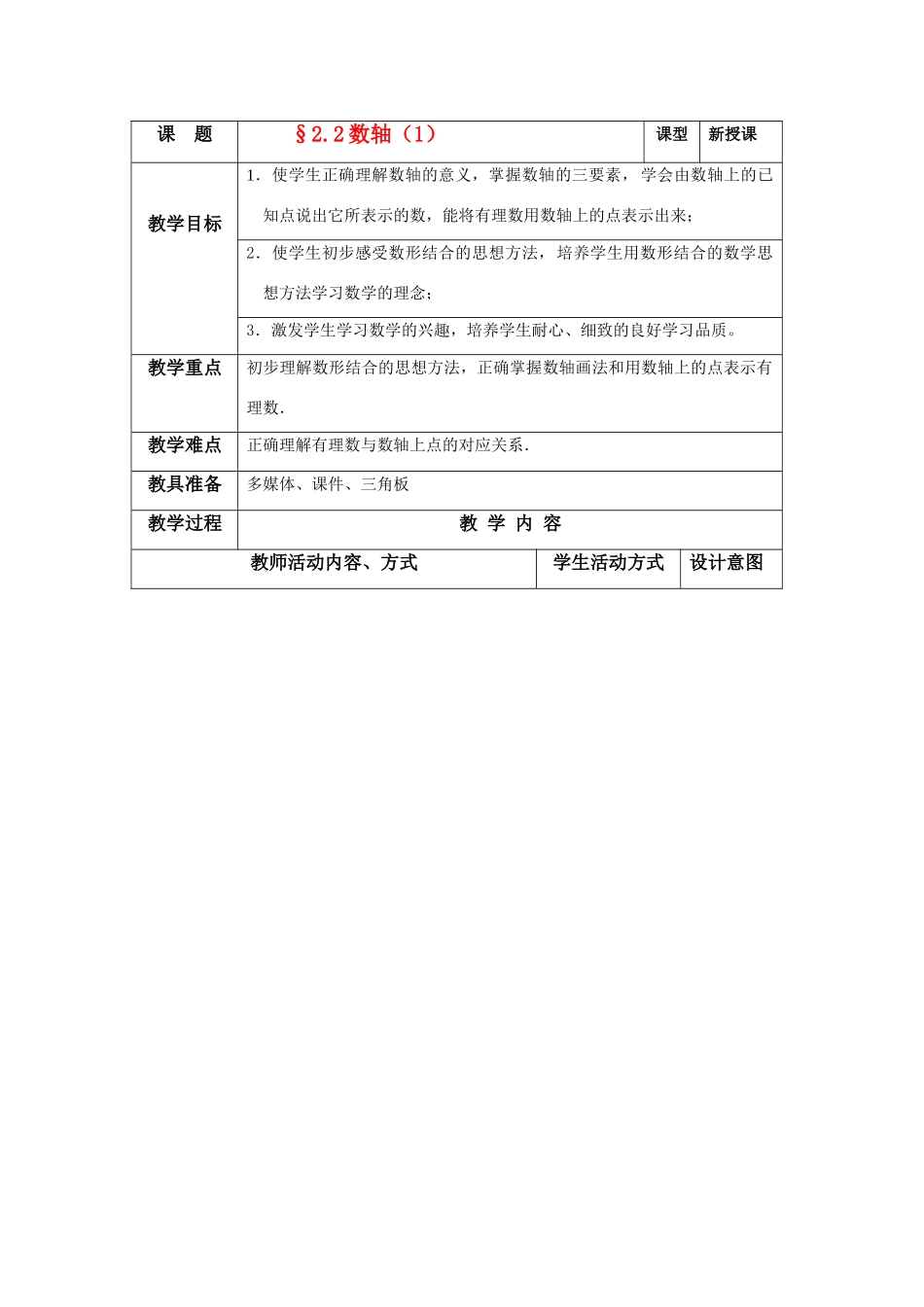 苏科版数学七年级上册2.2数轴（一）教案_第1页