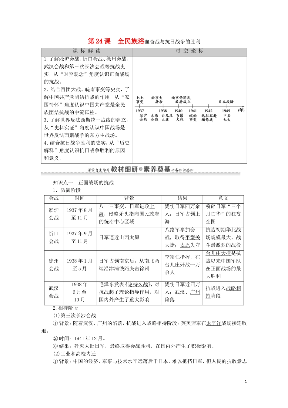 高中历史 第8单元 中华民族的抗日战争和人民解放战争 第24课 全民族浴血奋战与抗日战争的胜利同步教案 新人教版必修《中外历史纲要（上）》-新人教版高一必修历史教案_第1页