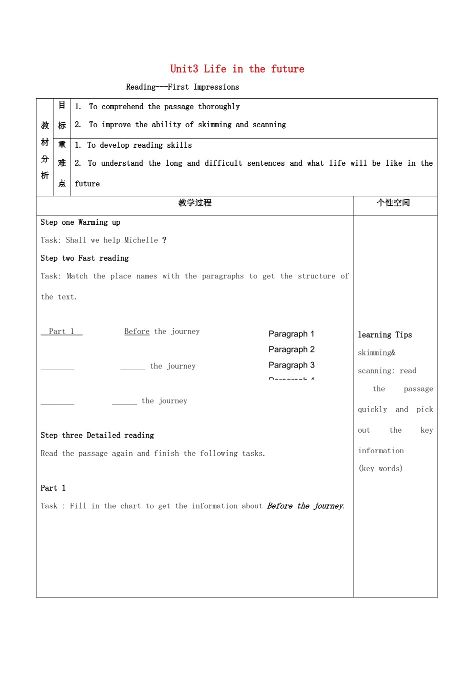 高中英语 Unit3 Life in the future教案 新人教版必修5-新人教版高二必修5英语教案_第1页