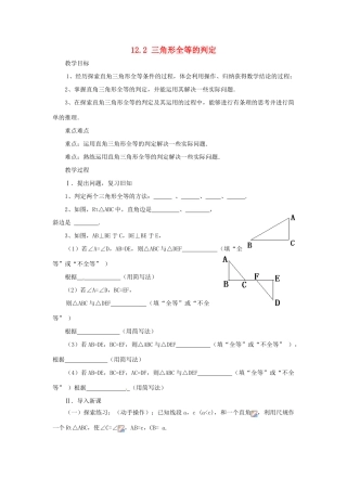 山东省淄博市高青县第三中学八年级数学上册 12.2 三角形全等的判定（第4课时）教案 （新版）新人教版