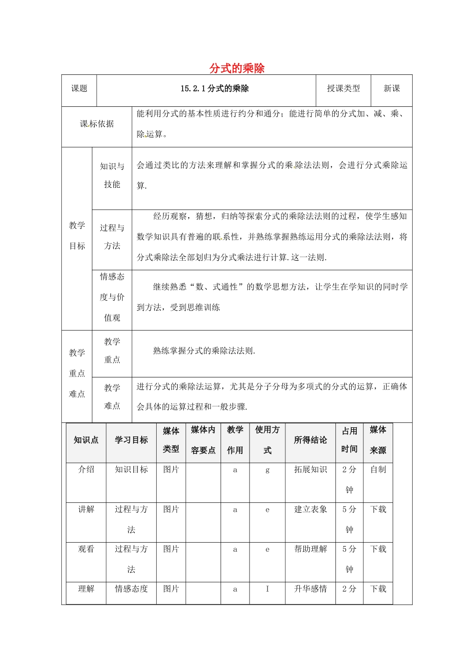陕西省安康市石泉县池河镇八年级数学上册 15.2 分式的运算 15.2.1 分式的乘除教案 （新版）新人教版-（新版）新人教版初中八年级上册数学教案_第1页
