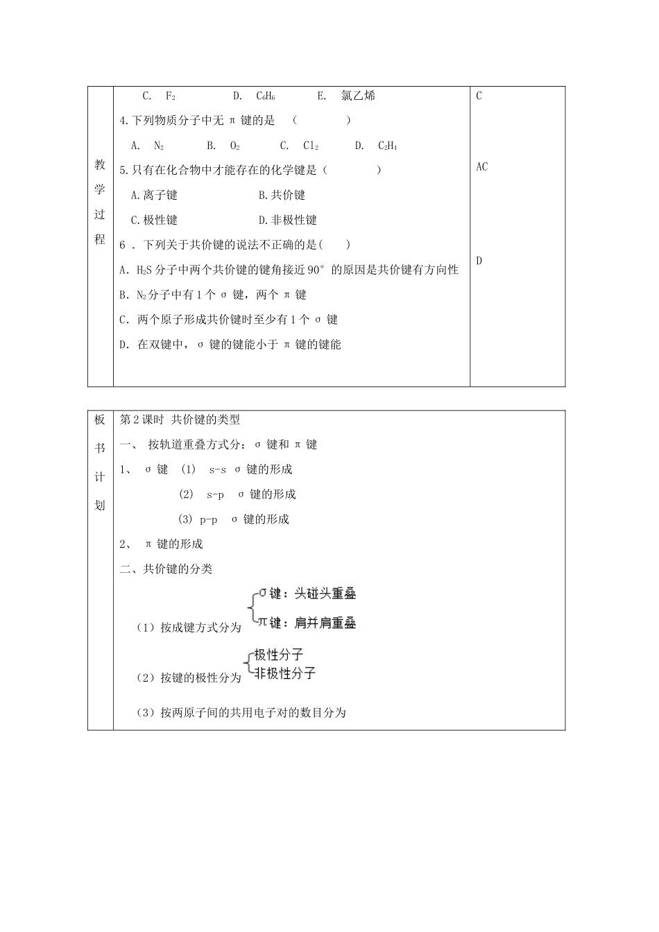 高中化学 专题3 微粒间作用力与物质性质 第三单元 共价键原子晶体 3.3.2 共价键的类型教学设计 苏教版选修3-苏教版高二选修3化学教案_第3页