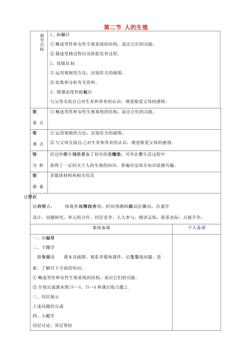 山东省淄博市临淄区第八中学七年级生物下册 1.2 人的生殖教案3 新人教版_第1页