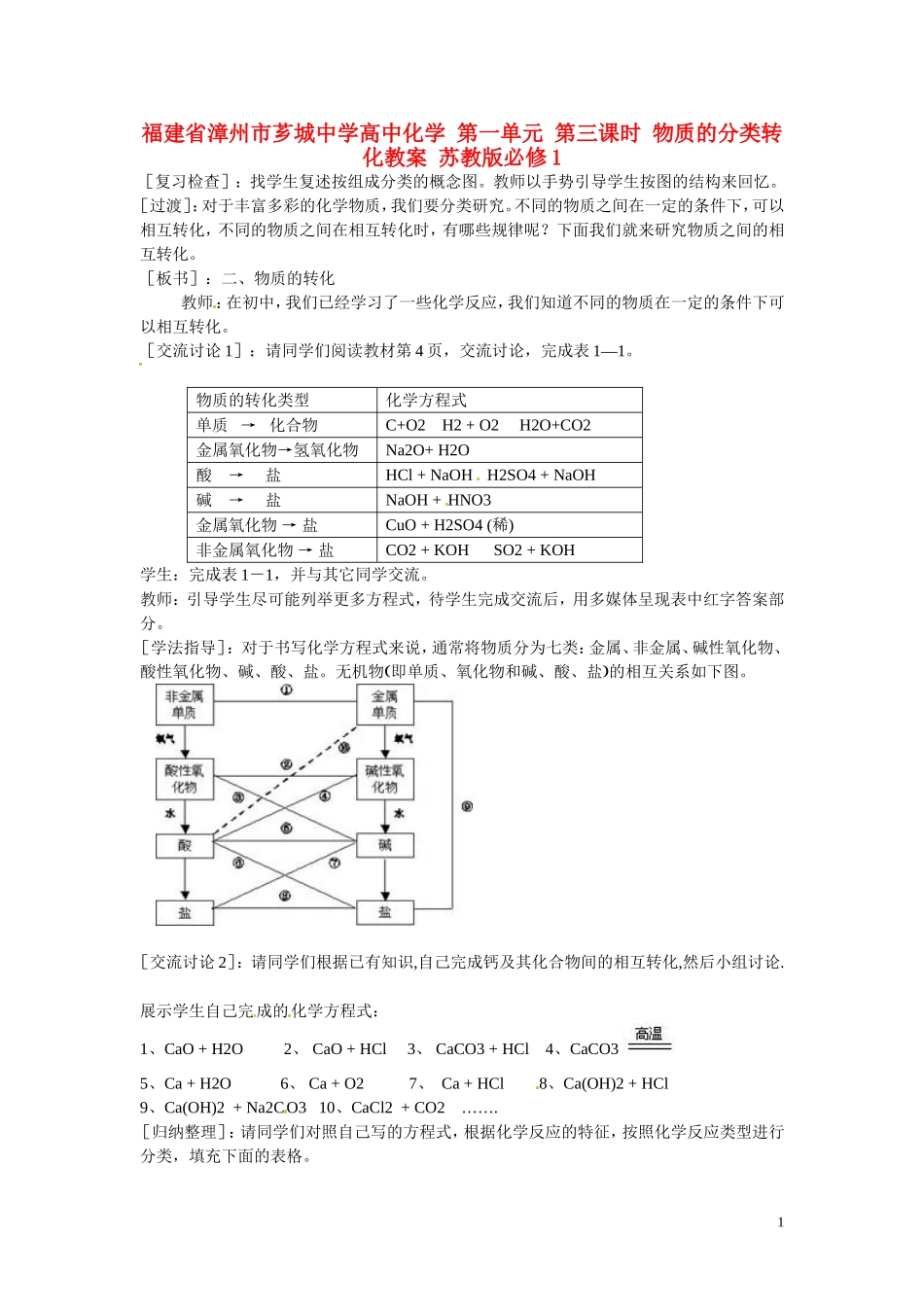 福建省漳州市芗城中学高中化学 第一单元 第三课时 物质的分类转化教案 苏教版必修1_第1页
