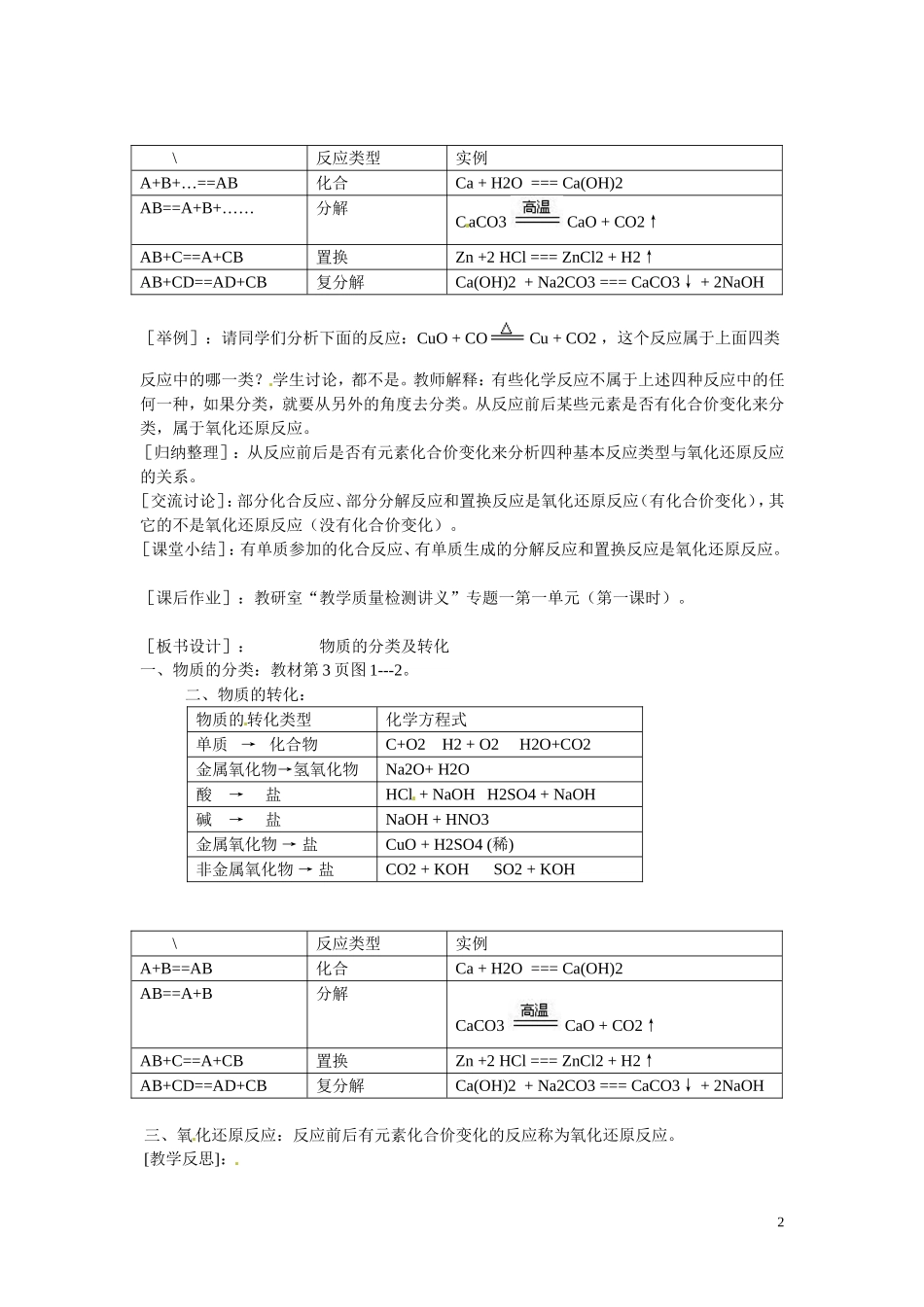 福建省漳州市芗城中学高中化学 第一单元 第三课时 物质的分类转化教案 苏教版必修1_第2页