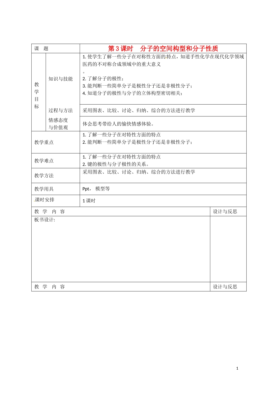 福建省厦门市集美区灌口中学2014高中化学 2.2.3《分子的空间构型与分子性质》教案 鲁科版选修3_第1页