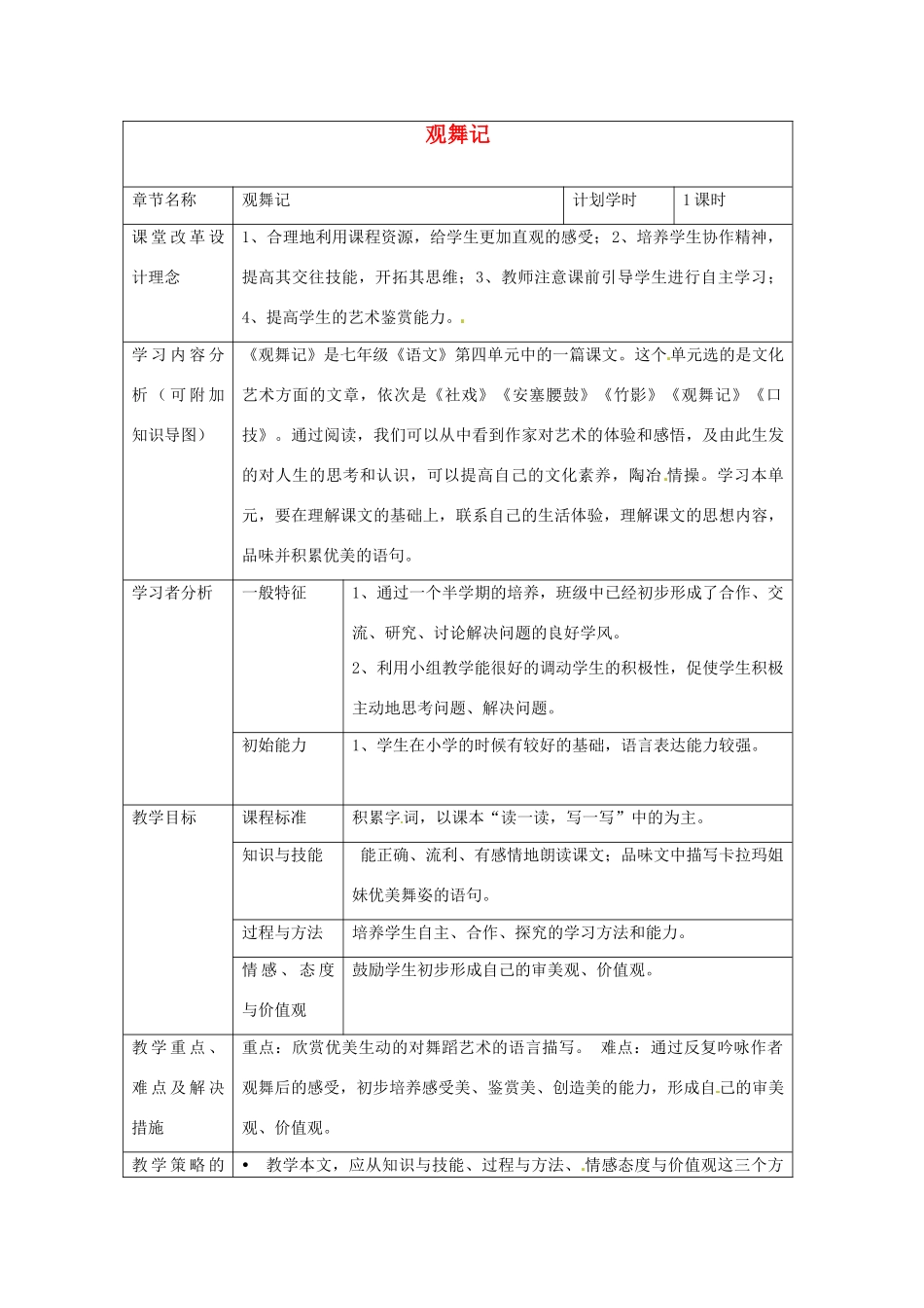 河南省洛阳市第二外国语学校七年级语文上册 观舞记教案 （新版）语文版_第1页