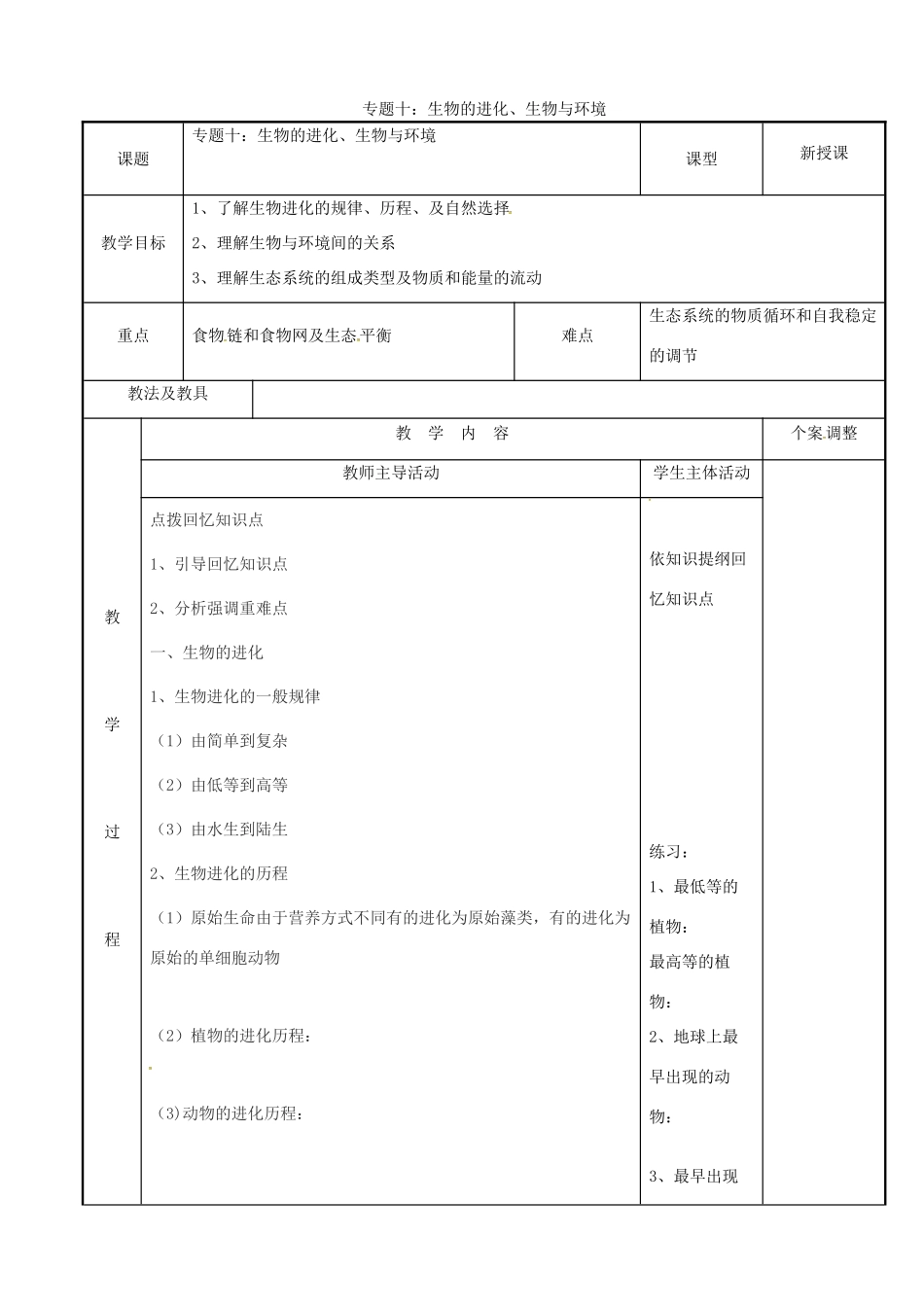 中考生物 专题十 生物的进化.生物与环境复习教案 苏科版-苏科版初中九年级全册生物教案_第1页