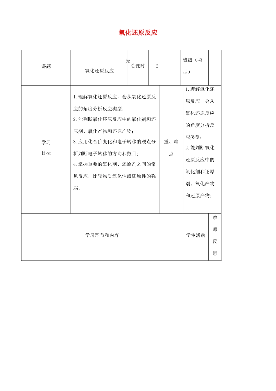 高中化学上学期第三周 氧化还原反应教学设计-人教版高中全册化学教案_第1页