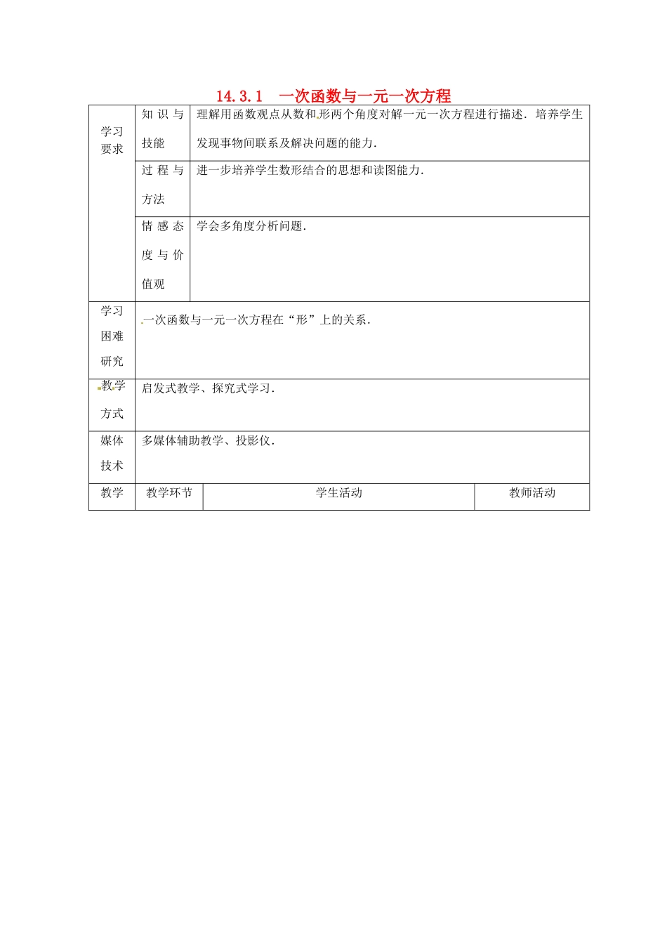 新疆石河子第十八中学八年级数学《一次函数与 一元一次方程》教案_第1页
