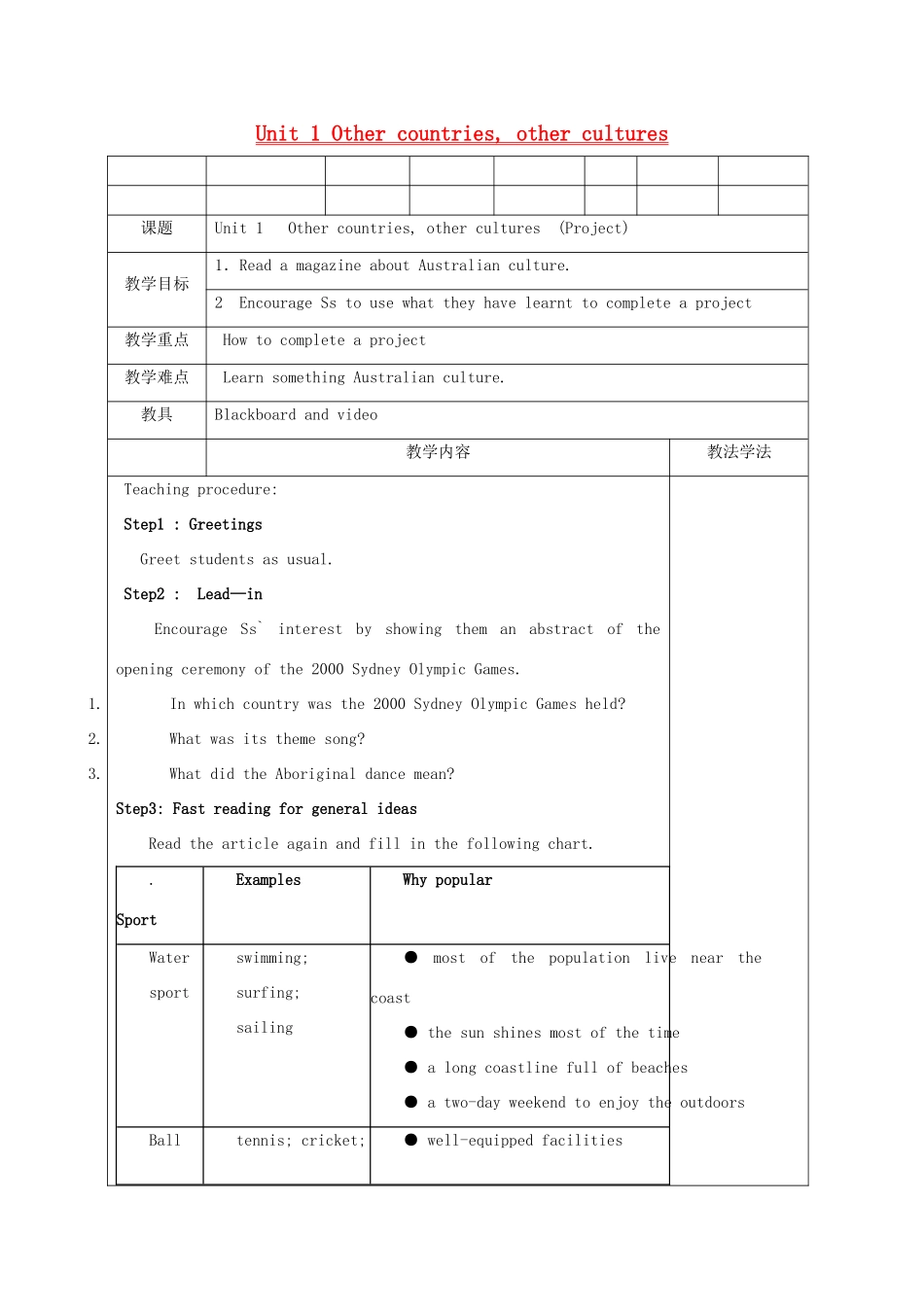 高中英语 Unit 1《Other countries, other cultures-Project》教案1 牛津译林版选修9_第1页
