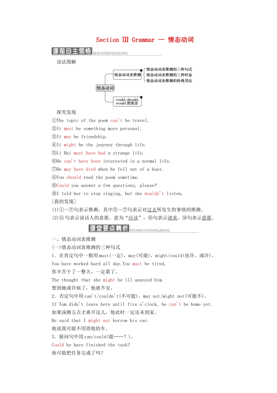 高中英语 Module 6 The Tang Poems Section Ⅲ Grammar — 情态动词教案（含解析）外研版选修8-外研版高二选修8英语教案_第1页