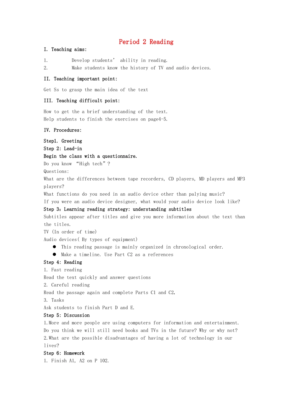 高中英语 Unit1 Living with technology Period 2 Reading教案 牛津译林版选修7_第1页