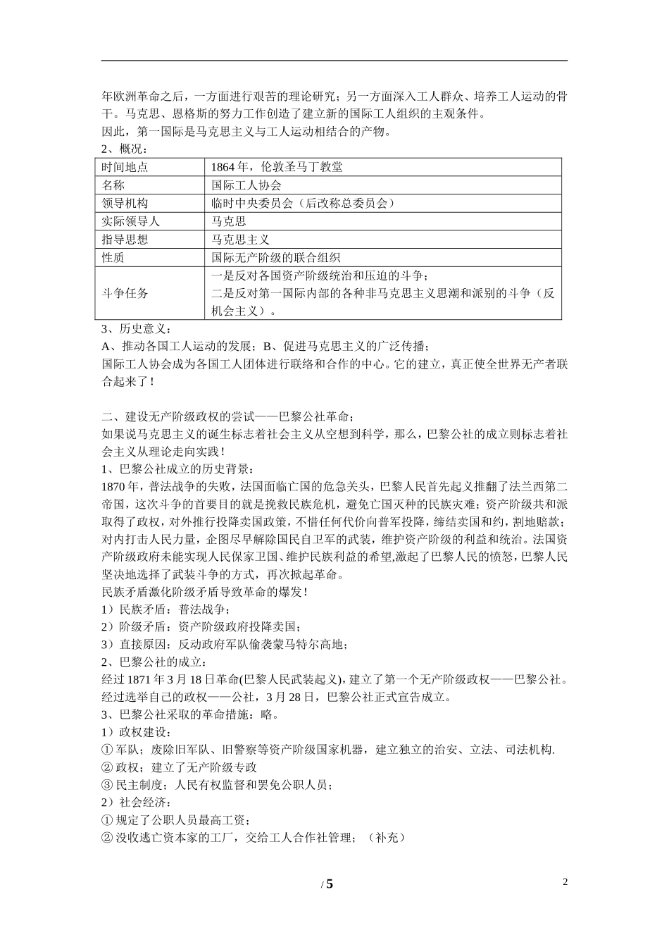 高中历史 专题八 解放人类的阳光大道第２节《国际工人运动的艰辛历程》基础知识教案 人民版必修1_第2页