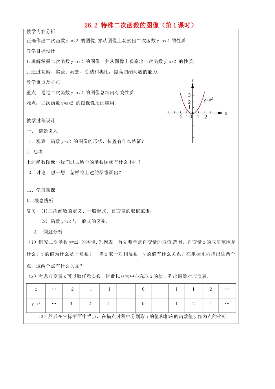 上海市罗泾中学九年级数学上册 26.2 特殊二次函数的图像（第1课时）教案 沪教版五四制_第1页