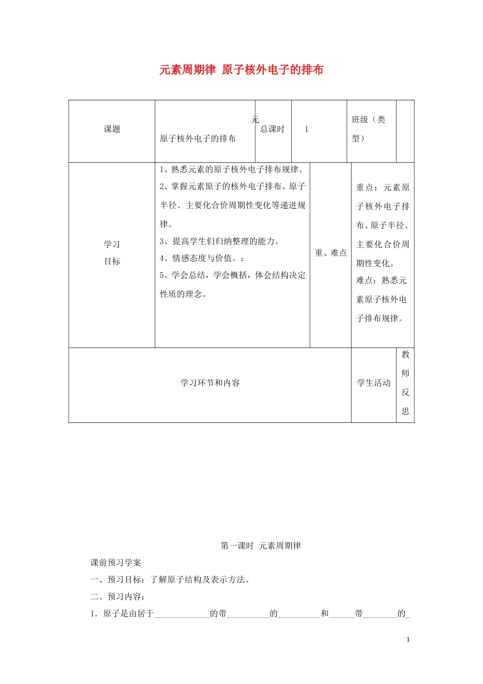 高中化学《元素周期律 原子核外电子的排布》教学设计 新人教版必修2-新人教版高中必修2化学教案_第1页