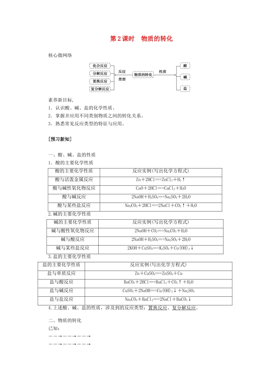 高中化学 第一章 物质及其变化 1.1.2 物质的转化教案 新人教版必修第一册-新人教版高一第一册化学教案_第1页