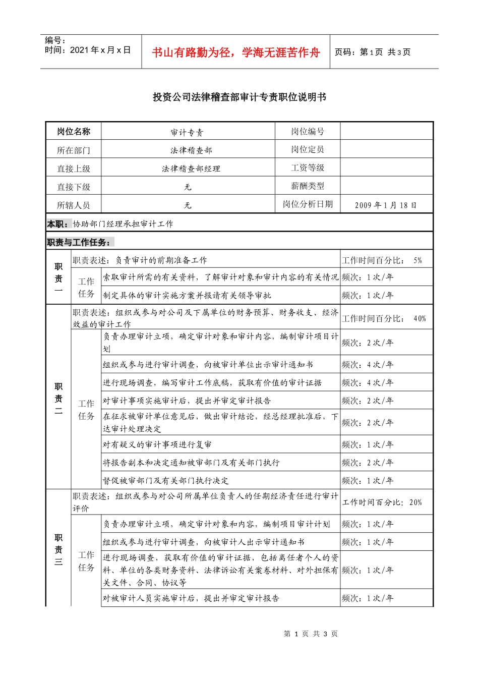 投资公司法律稽查部审计专责职位说明书_第1页