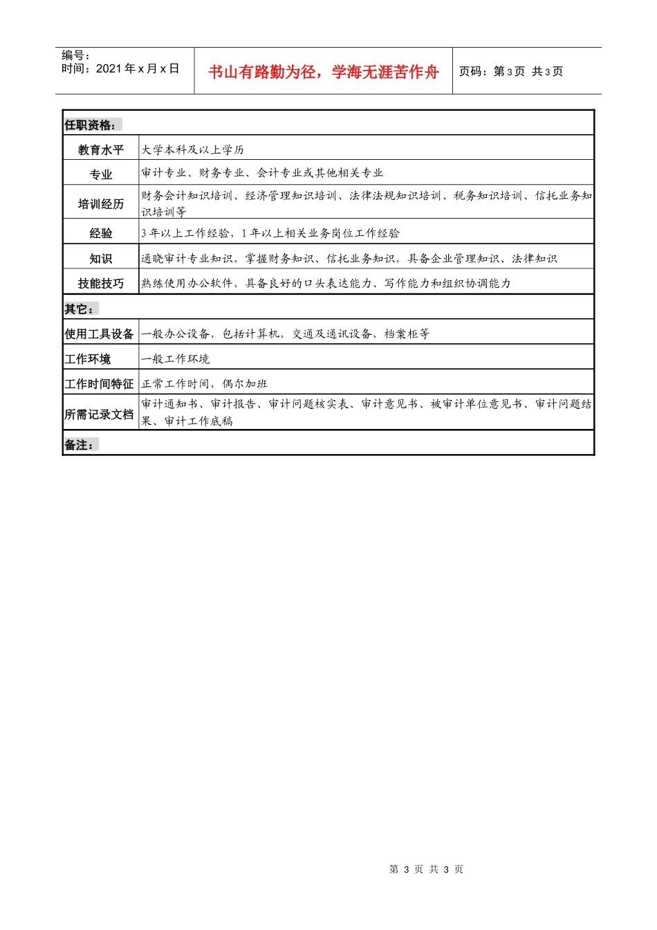 投资公司法律稽查部审计专责职位说明书_第3页