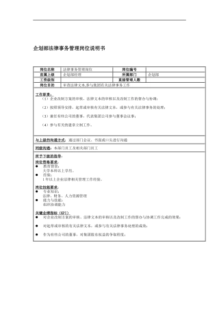 企划部法律事物管理岗位说明书