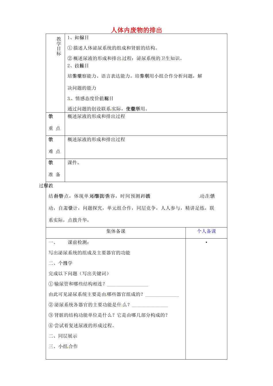 山东省淄博市临淄区第八中学七年级生物下册 第五章 人体内废物的排出复习教案 新人教版_第1页