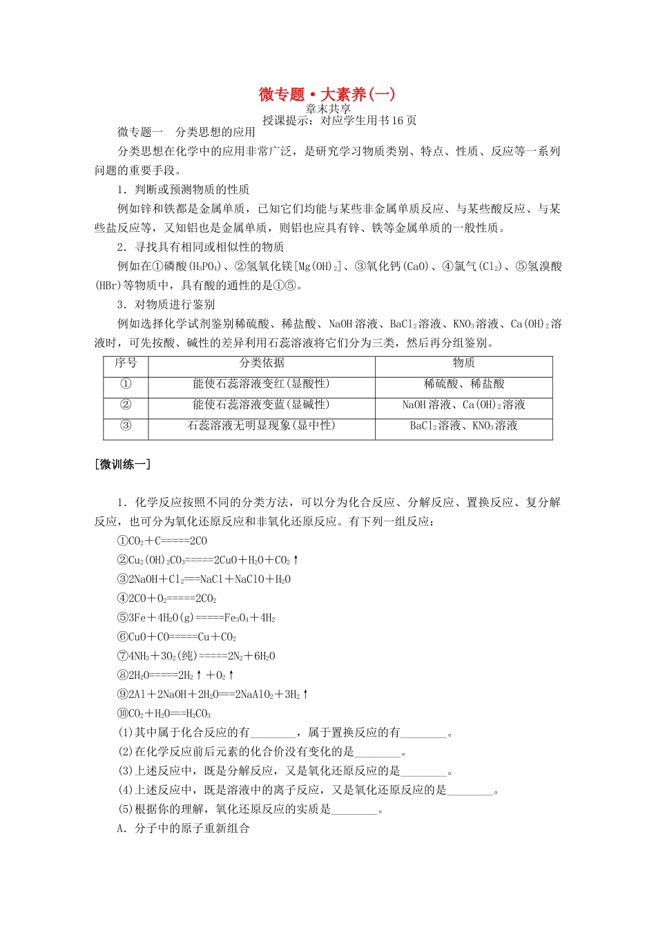高中化学 第一章 物质及其变化 微专题 大素养（一）教案 新人教版必修第一册-新人教版高一第一册化学教案_第1页