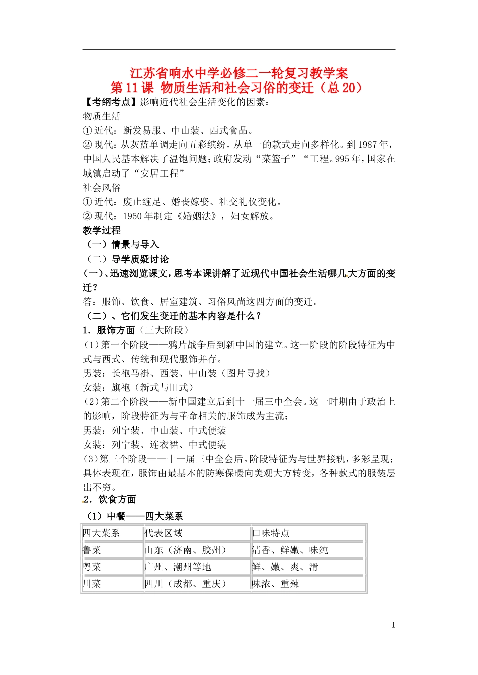 高中历史 物质生活和社会习俗的变迁复习教案 人民版选修1-人民版高一选修1历史教案_第1页