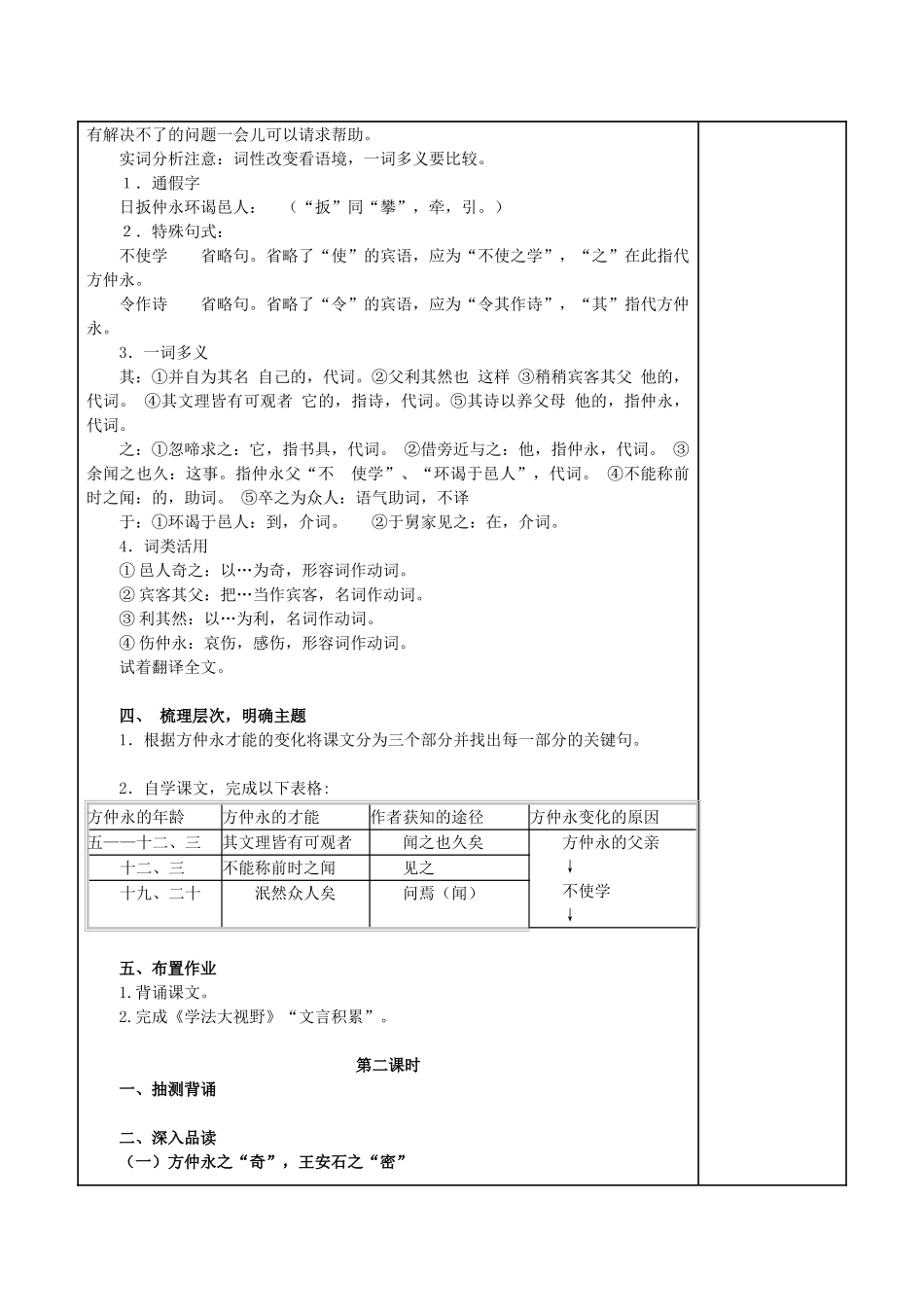 （秋季版）七年级语文上册 第五单元 第20课《伤仲永》精品教案 语文版-语文版初中七年级上册语文教案_第2页