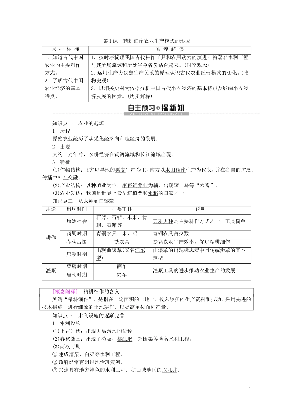 高中历史 第1单元 中国古代的农耕经济 第1课 精耕细作农业生产模式的形成教案（含解析）岳麓版必修2-岳麓版高一必修2历史教案_第1页