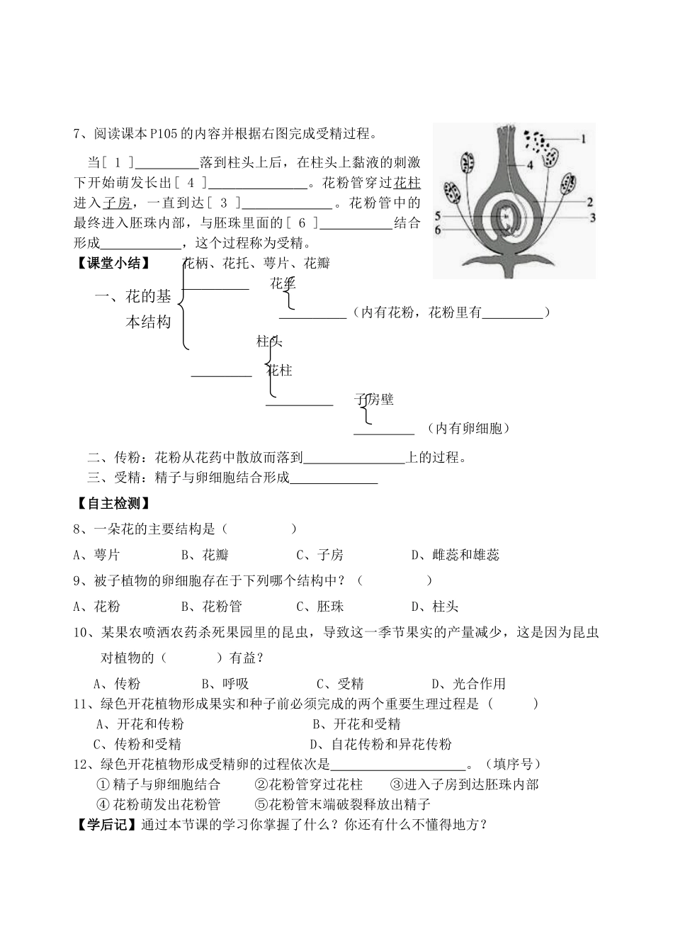 四川省泸州市纳溪中学校七年级生物上册 第三单元 第二章 第三节 开花和结果学案（无答案）（新版）新人教版_第2页