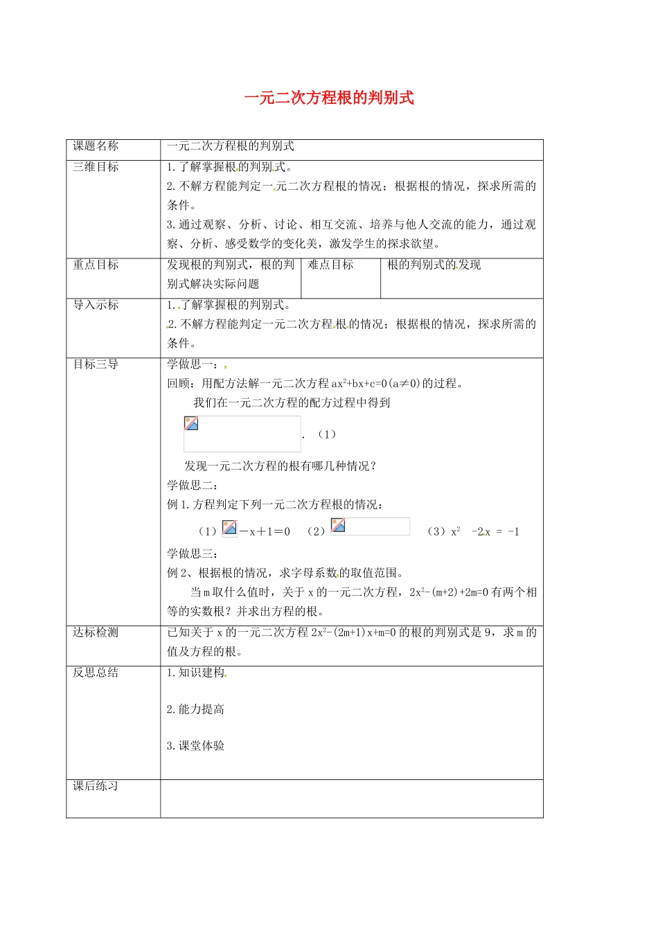 重庆市沙坪坝区虎溪镇九年级数学上册 第22章 一元二次方程 22.2 一元二次方程的解法 22.2.4 一元二次方程根的判别式教案 （新版）华东师大版-（新版）华东师大版初中九年级上册数学教案_第1页
