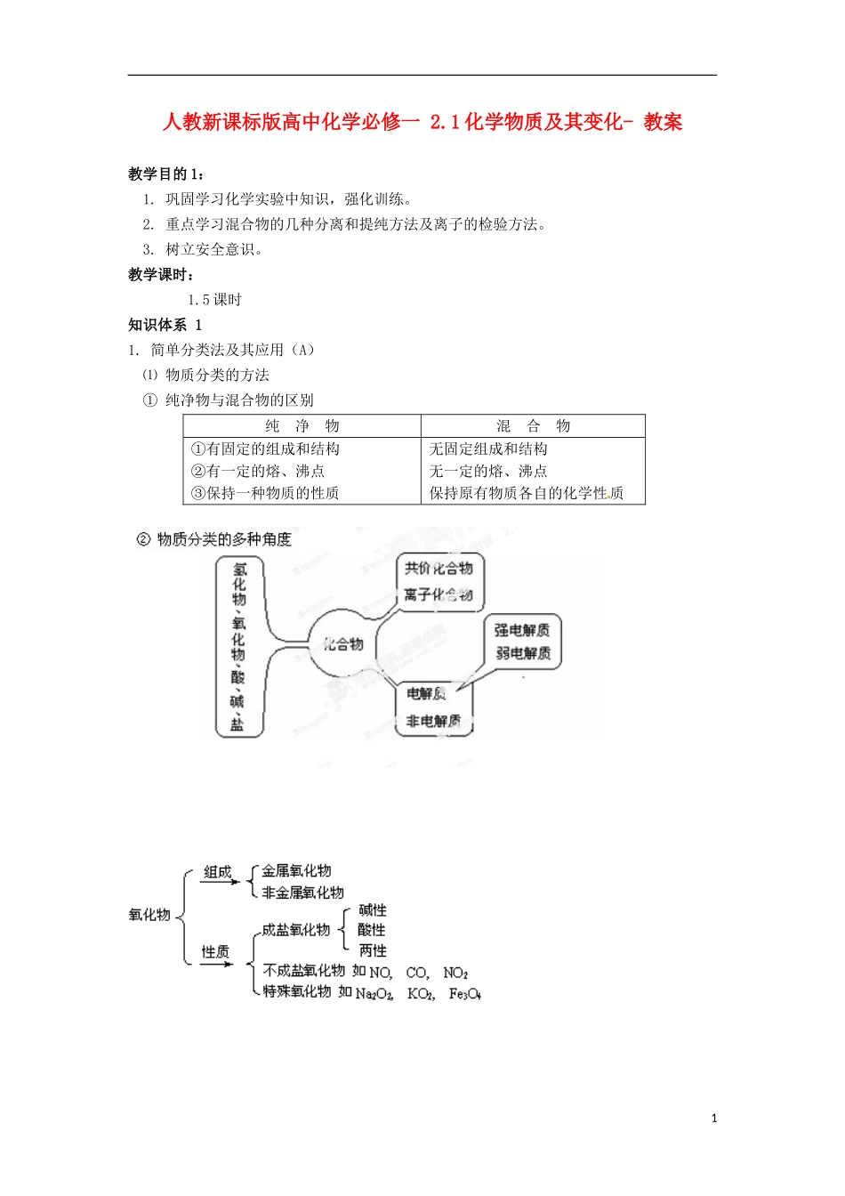 高中化学 2.1化学物质及其变化教案 新人教版必修1_第1页