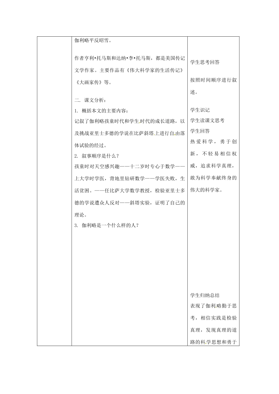 北京市大兴区魏善庄中学七年级语文上册 第四单元 第16课 伽利略不相信权威教案 北京课改版_第2页