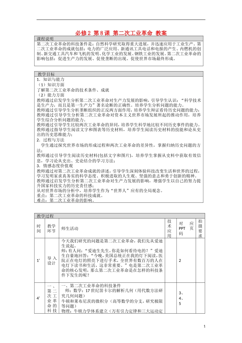 高中历史 第二单元 第8课 第二次工业革命 公开课教案 新人教版必修2_第1页