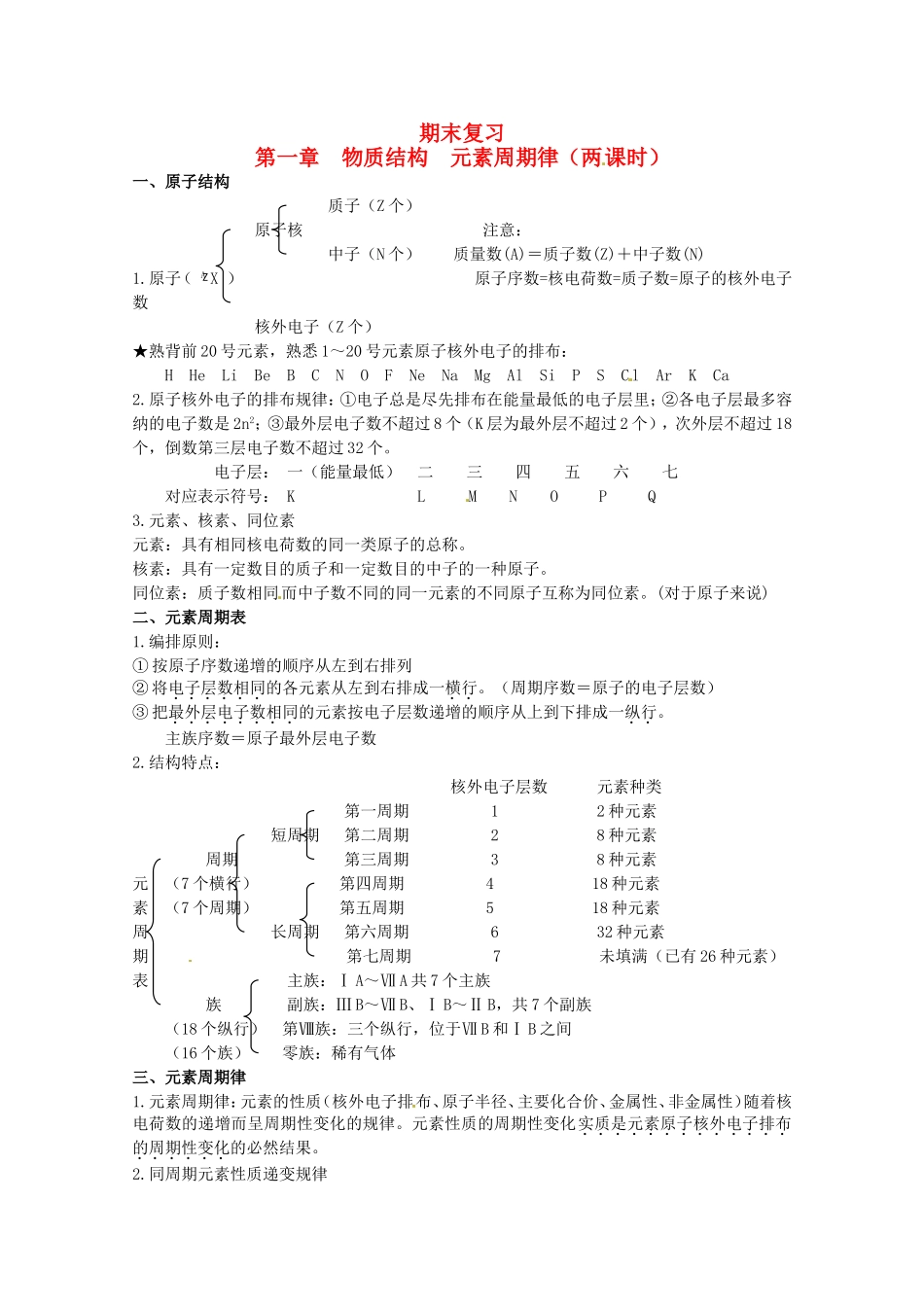 高中化学全套教案：第一章《物质结构 元素周期律》两课时期末复习人教必修2_第1页