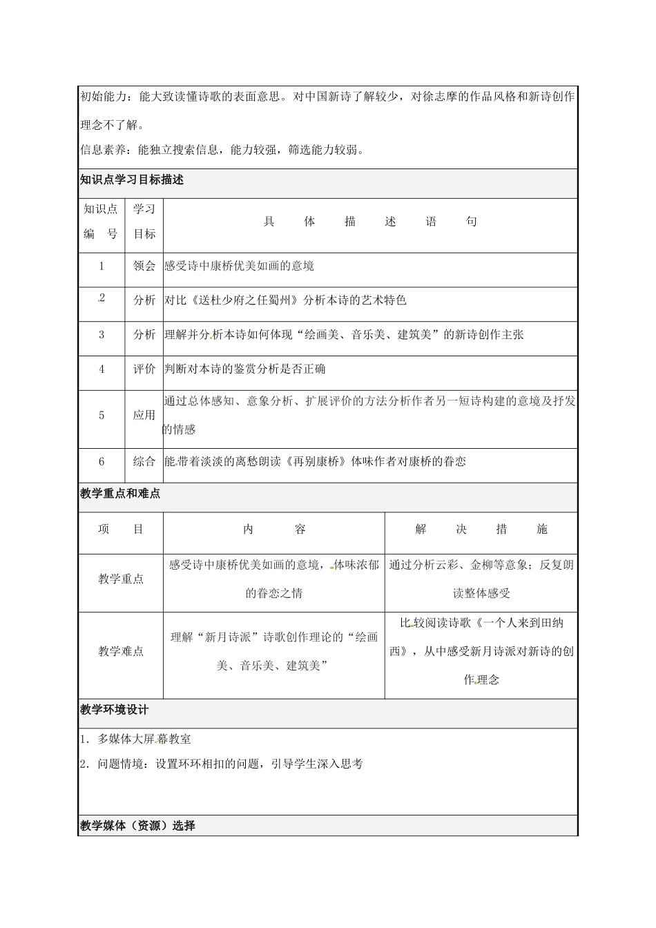 福建省晋江市侨声中学高中语文 第2课《再别康桥》教学设计 新人教版必修1_第2页