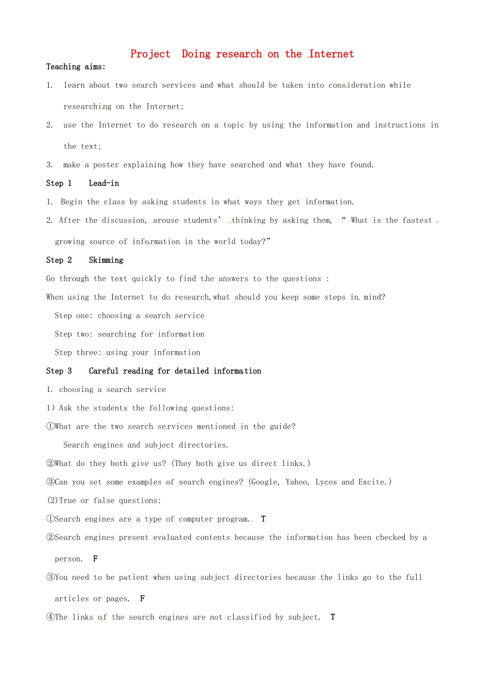 高中英语 Unit3 The world online Project Doing research on the Internet教案 牛津译林版选修7-牛津版高二选修7英语教案_第1页