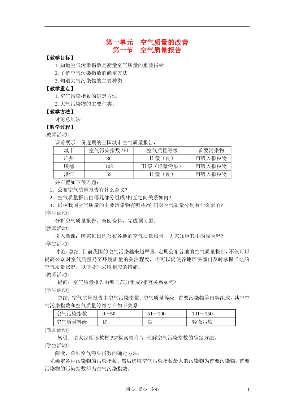 高中化学《空气质量的改善》教案2 苏教版选修1_第1页