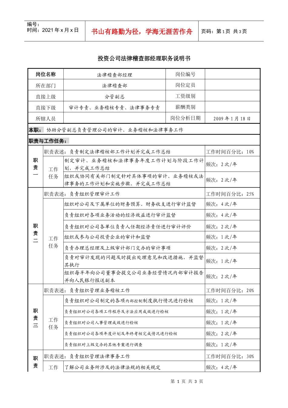 投资公司法律稽查部经理职务说明书_第1页