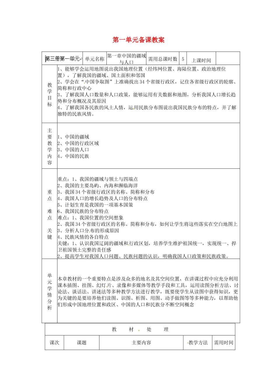 山东省邹平县实验中学八年级地理上册 第一单元备课教案 湘教版_第1页